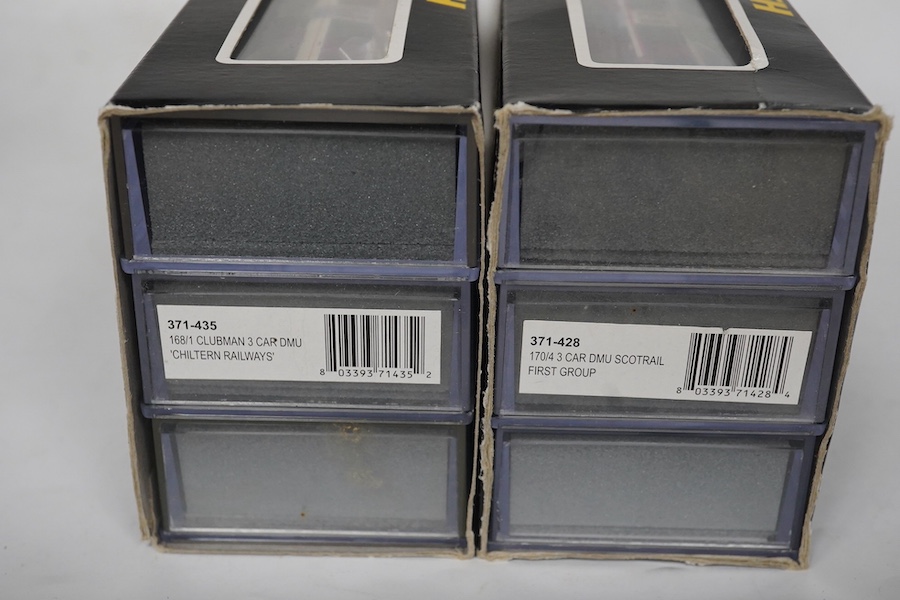 Two boxed Graham Farish N gauge railway DMU train packs; a Scotrail 170/4 3-car DMU (371-428), and a Chiltern Railways 168/1 3-car DMU (371-435). Condition - good.